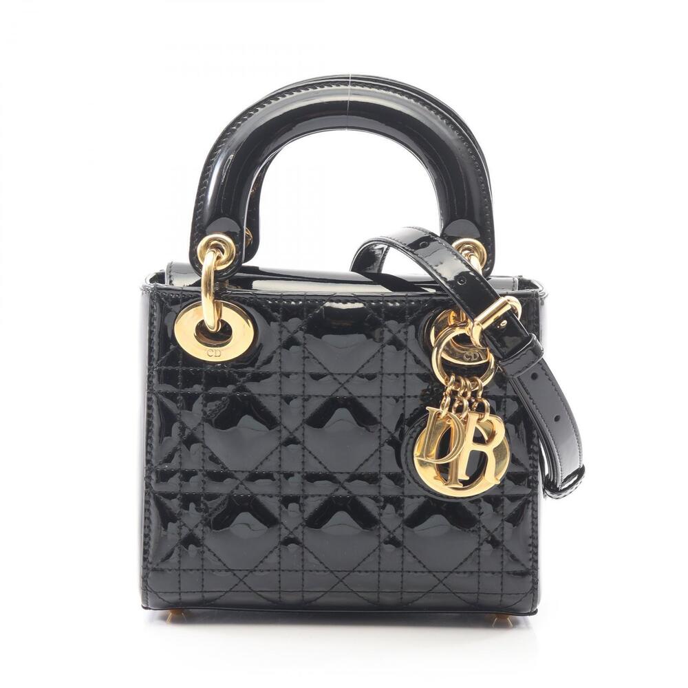 Christian Dior Lady Cannage Handbag Patent Vernis Leather Black